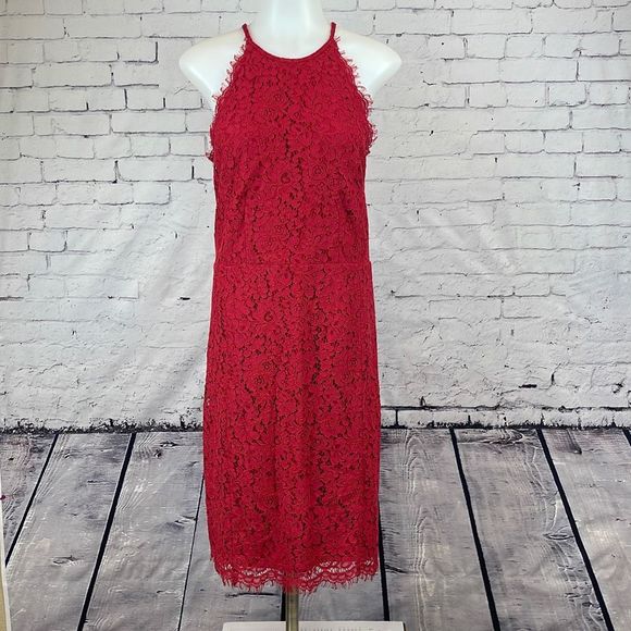 Ann Taylor Dresses & Skirts - Ann Taylor LOFT Womens Halter Lace Shift Dress Bodycon Midi High Neck Red 14